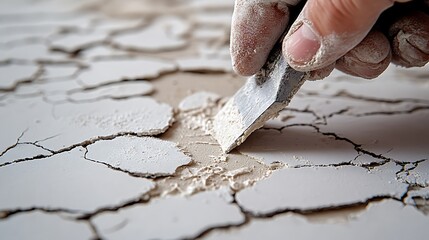 Hand scraping cracked paint surface.