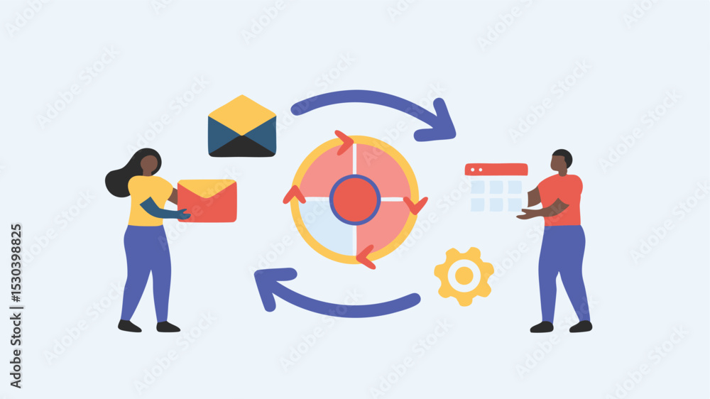 Poster people exchanging emails and calendar with a workflow cycle and a gear on a light blue background