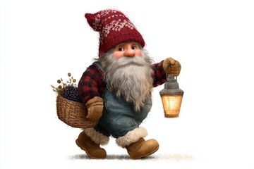 Obraz premium Charming gnome carrying basket and lantern isolated on white background