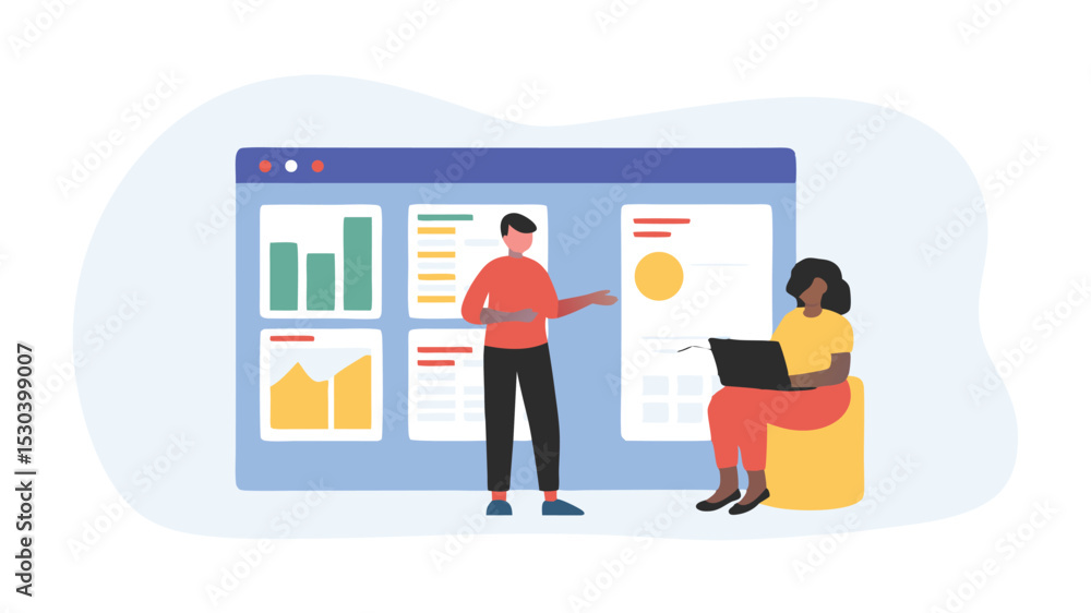 Poster two people working together on a dashboard with charts and graphs in a modern office setting