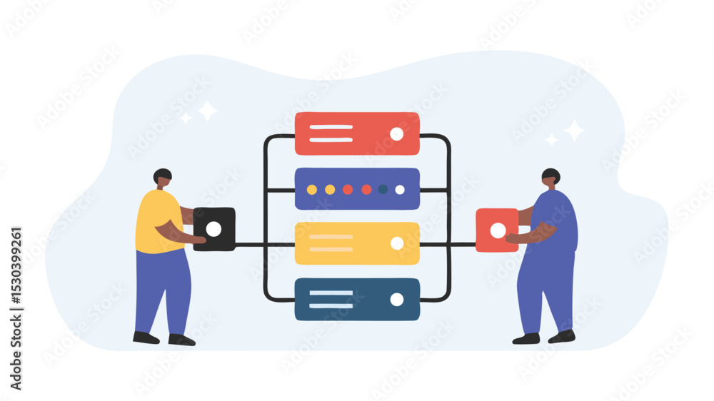 Aufkleber illustration of two people connecting servers with a network in a cloud computing environment