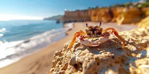 Crab enjoying sunny beach in algarve, portugal, with cliffs in background