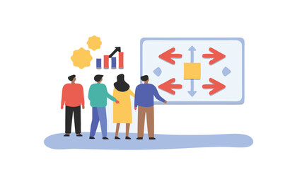Group of people looking at a board with arrows and a graph during a business presentation