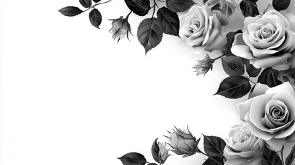 Black and White Rose With leaves in one corner on a white background, leaving most of the card clean and empty