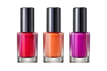 Obraz premium Set of three nail polish bottles in bold colors isolated on transparent background AI