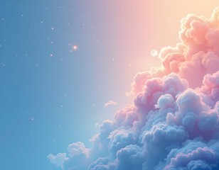 swirling pastel nebula clouds in blue and peach on the right side, lightwave style with glimmering silver tones, clear copy space on the left.