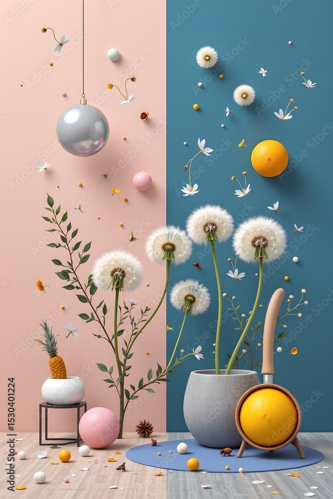 Aufkleber surreal abstract scene with floating dandelions and minimalist objects, muted colors