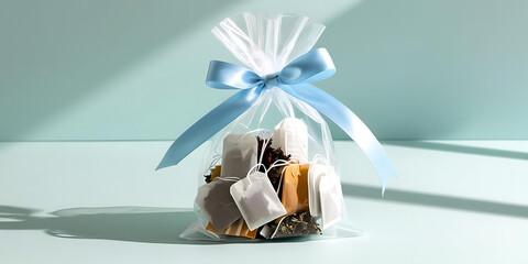 A clear bag filled with assorted tea bags and a blue ribbon bow on top