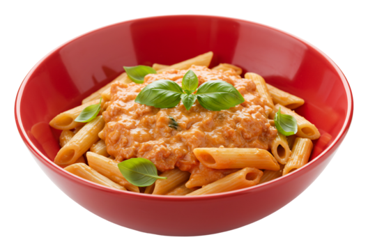 赤鉢に盛られたペンネアラビアータ 食欲をそそるトマトソース