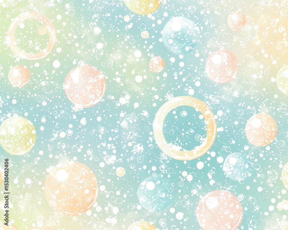 Poster pastel bubbles and rings on a soft blue, snowy background. the image features a seamless repeating p