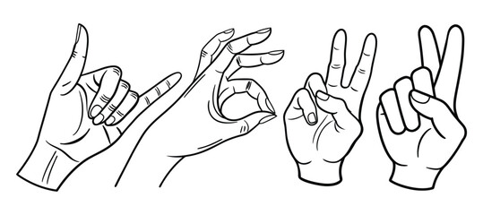 black and white hand gesture set outline silhouette vector doodle drawing
