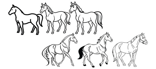 horses set silhouette outline black and white vector doodle line art