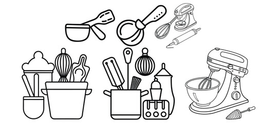 kitchen tools outline set silhouette black and white vector doodle art