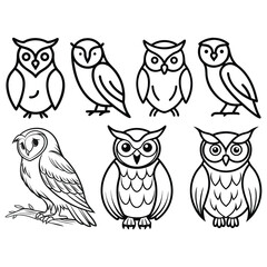 owl outline set silhouette black and white vector line doodle art graphic