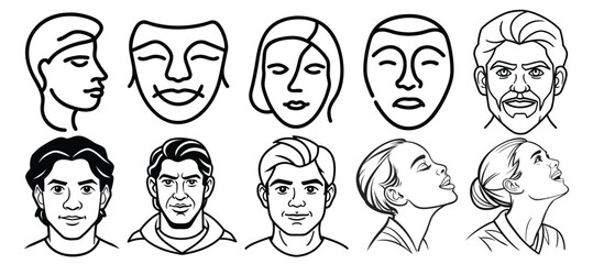 people face facial expression set silhouette black and white vector doodle art