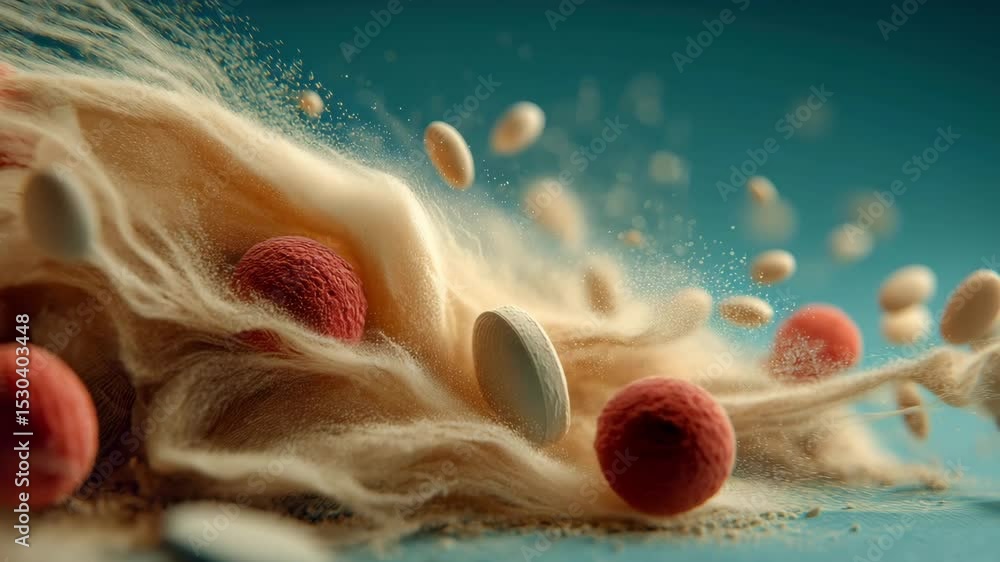 Poster capsules and tablets swirl through fibers and powder in an abstract, dynamic composition on a teal b