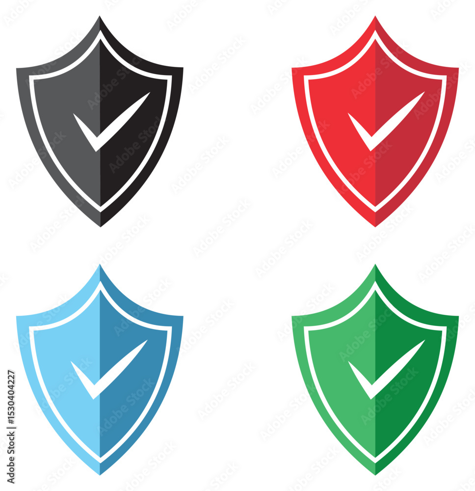 Poster shield check mark icon set. shield security icon. shield protection icon. tick mark approved with sh