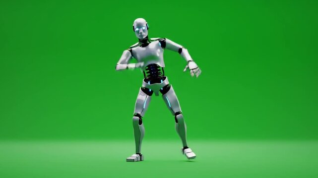 White robot dancing on green screen background