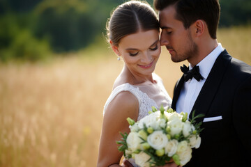 A bride and groom embrace in a sunlit field filled with golden grass, radiating joy and love as they celebrate their wedding day together. Generative AI.