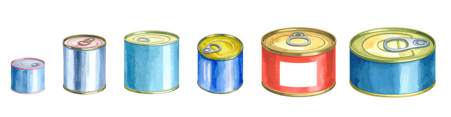 A colorful collection of various sizes of canned food products in a row.