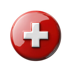 Obraz premium Red glossy button with white plus sign medical cross symbol health care on transparent background