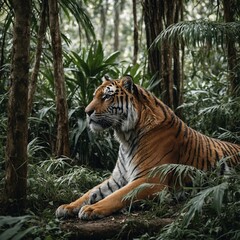 A tiger resting under tall jungle trees, clear with white background