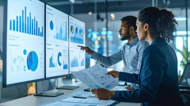 Business people review data on screens - Powered by Adobe