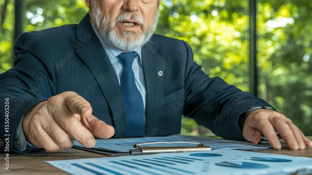 Poster focused businessman presenting data with graphs in a modern office with greenery in the background.