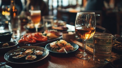 Assorted dishes and drinks on a restaurant table.