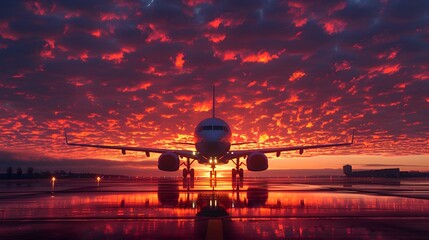 Obraz premium Passenger Plane Silhouetted Against Dramatic Sunset