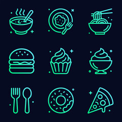 Gradient food icons on dark background. Icon symbol illustration