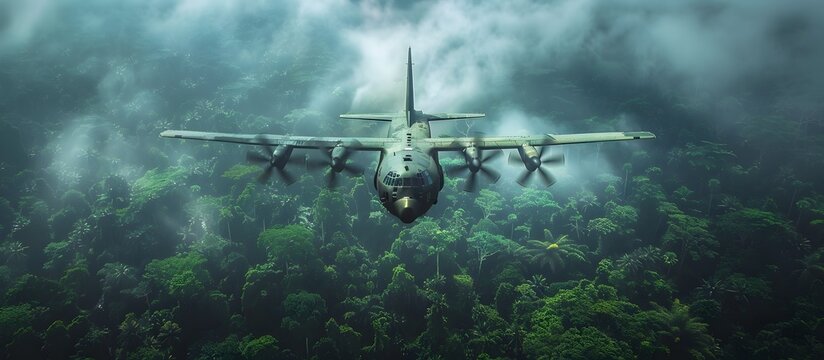 Military Cargo Plane Flying Low Over Jungle Foliage
