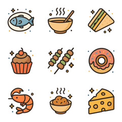 Whimsical Food Icons From Fish to Cheese. Icon symbol illustration
