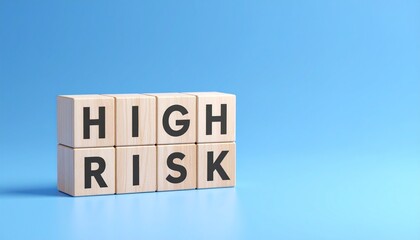 ハイリスクを意味する英単語のhighriskの文字が書かれた木製のキューブブロックと青い背景。AIで生成	