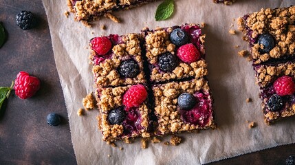 Four squares of baked berry crumble bars, cut and arranged on parchment paper, garnished with fresh raspberries and blueberries, on a dark brown surface