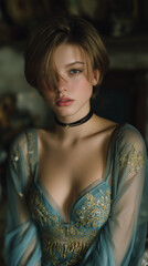Fototapeta premium A beautiful woman short hair wearing classic dress green color and beautiful pattern , vintage.