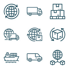 Transportation icons showcasing global shipping solutions. Icon symbol illustration