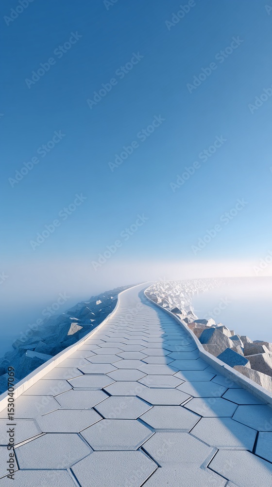 Poster matte textured hexagon field fading into a misty horizon