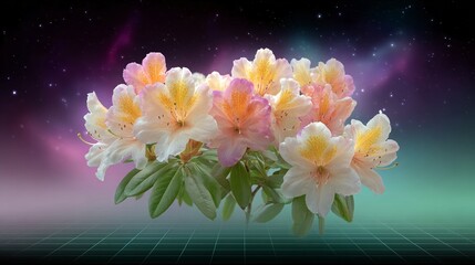 Pastel Pink and Yellow Flower Cluster Against a Cosmic Nebula Background