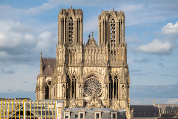 Cathedral of Reims Reims from a frontal perspective at sunrise, France