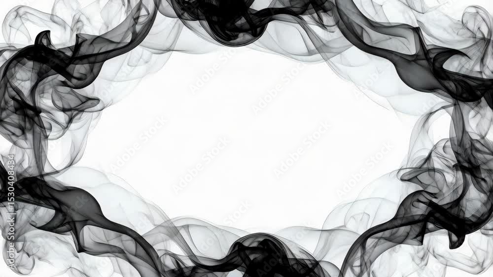 Poster black smoke forming an oval frame on white background with subtle movement and translucent texture