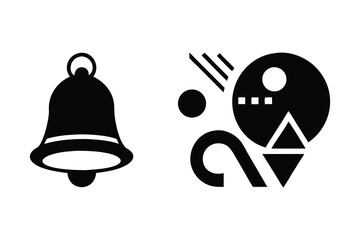 Simple Black and White Bell Icon with Abstract Design. This image features a classic bell icon, styled in a simple, solid black silhouette, contrasted with an abstract, geometric design in the same bo
