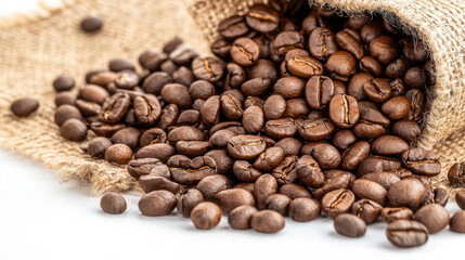 Fototapeta premium Fresh organic coffee beans spilling from burlap sack, showcasing their rich brown color and texture, creating warm