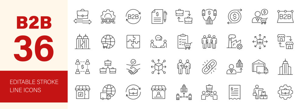 B2B icon set. Containing business to business, supplier, commerce, vendor, enterprise, partnership, purchase order, supply chain, trade and more. Editable line icons. Vector illustration.