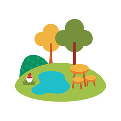 vector illustration of picnic spot by the pond with small table