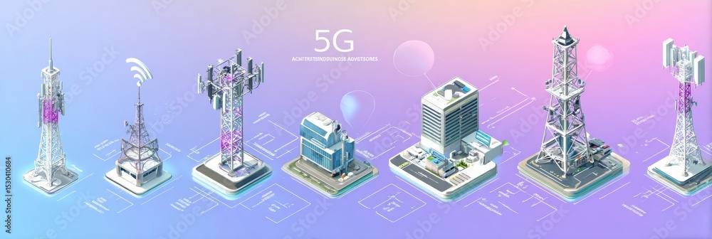 Poster explore 5g architecture with base stations and connected devices depicted in soft modern gradients