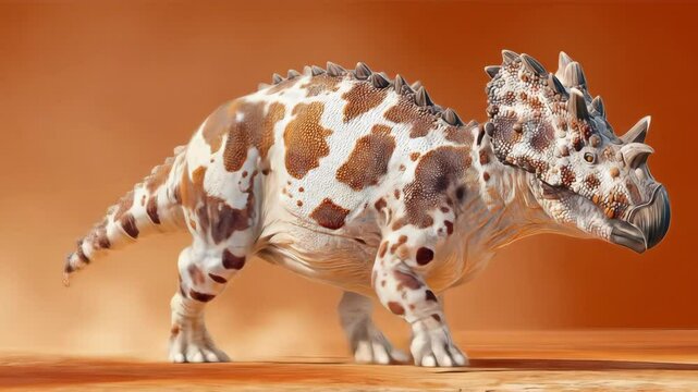 A speckled dinosaur walks confidently It has brown and white spots The dinosaur s horns face forward A reddish brown background suggests prehistoric times