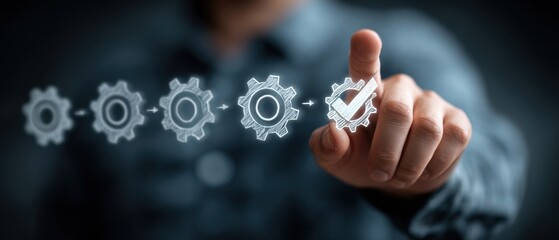 A person points at a series of illustrated gears, with the final gear featuring a checkmark, symbolizing process completion or quality assurance.