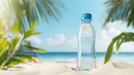 Mineral water bottle mockup on sandy beach with tropical background and summer vibe perfect for branding