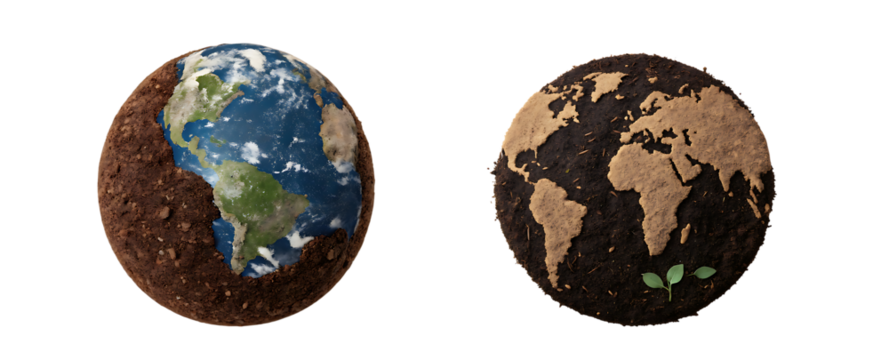 Earth day concept bundle, png: healthy planet vs. polluted globe on transparent background